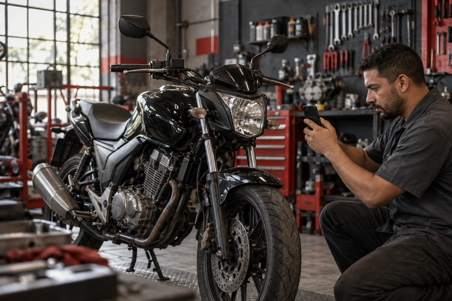 Mecânico utilizando o celular ao lado de uma moto na oficina